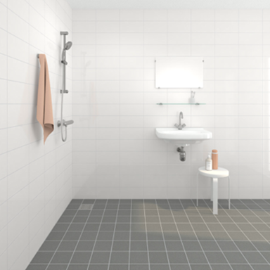 Tegelkeuze 'Effen badkamer' met volledig witte wanden