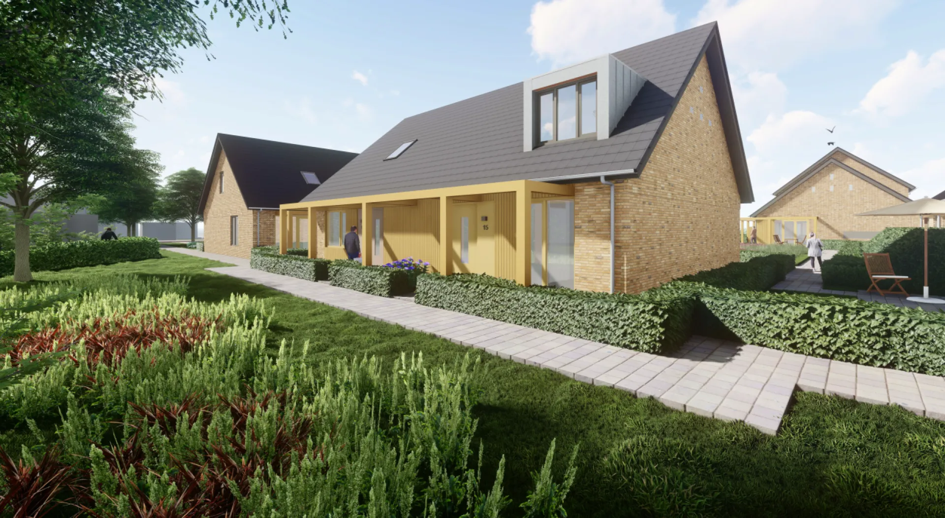 Een moderne woning met tuin en heldere hemel.